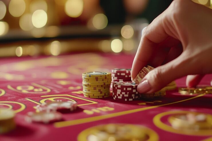 Live poker table with professional dealer and multiple players viewing on HD stream